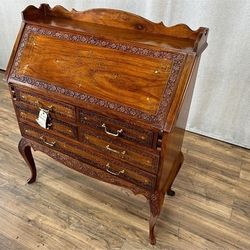  Antique Rosewood Carved & Inlayed Secretary Desk