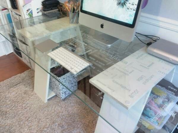 Ikea Vika Glasholm glass desk with Love words patterned white
