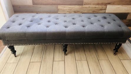 Dark Gray Linen Tufted Upholstered Nailhead Wheeled Bench - $99