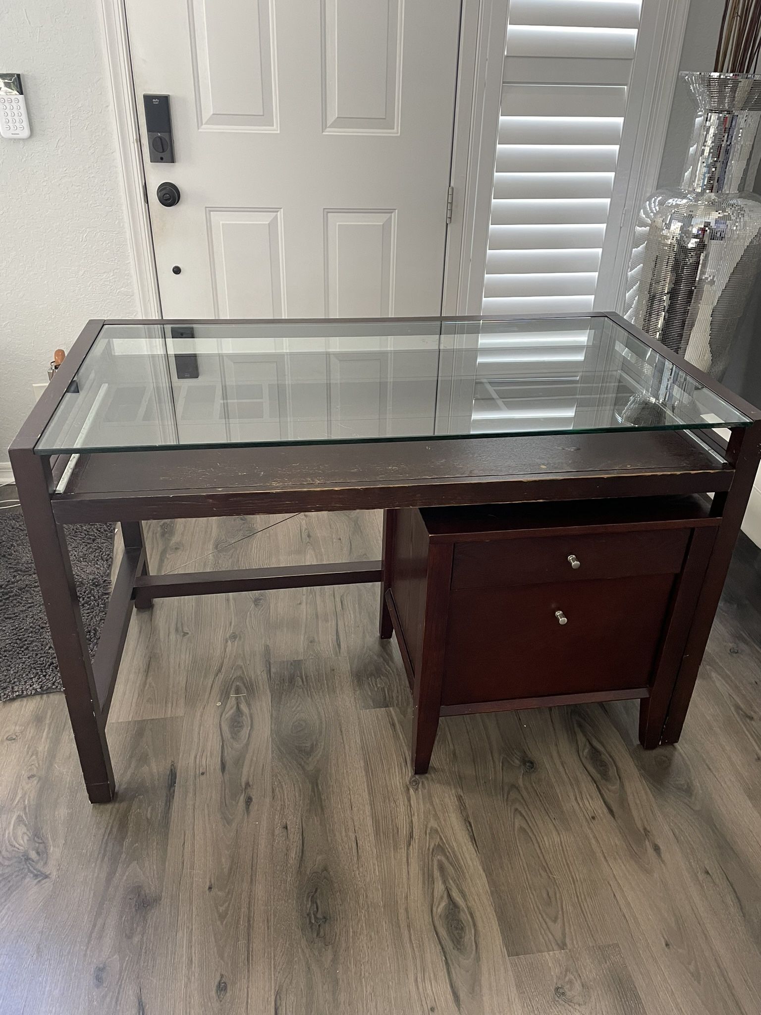 Modern Wood & Glass Top Desk w/ Filing Cabinet