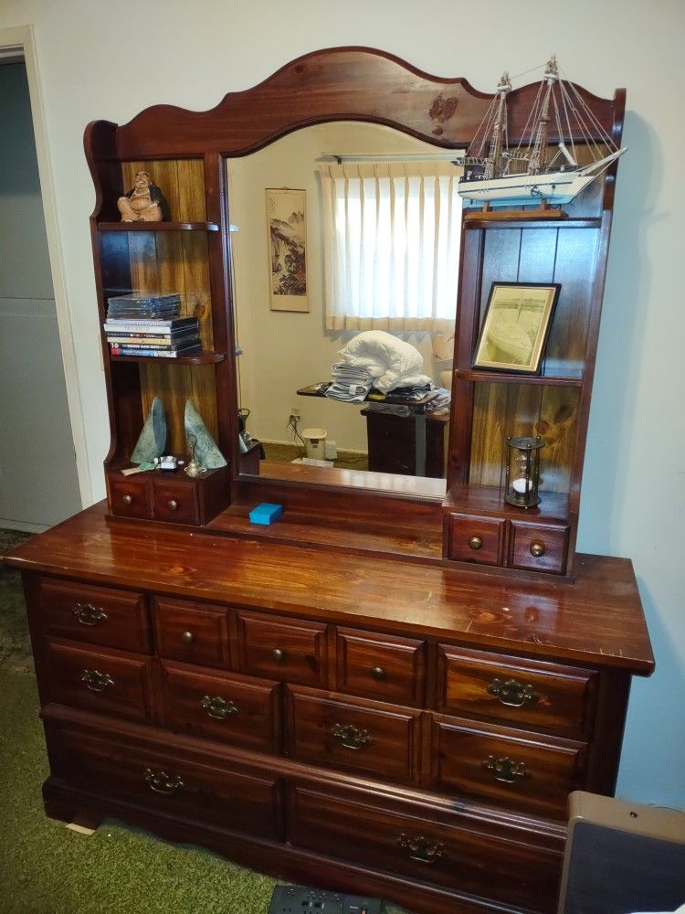 Wood Dresser With Mirror + 2 Nightstands