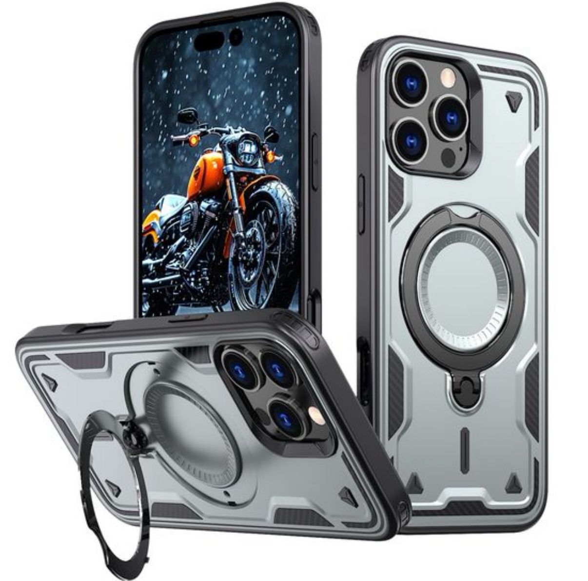 iPhone 14, 15, 16, Pro, And Pro max Phone Case With 360 Degree Ring Kickstand Black Or Silver