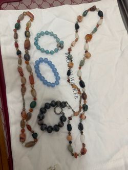 Vintage Lot Of Multicolor Agate  Quartz Glass Stone Necklace And Bracelets