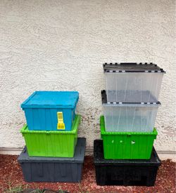 Set of 7 totes, plastic boxes contains multiple stackable units