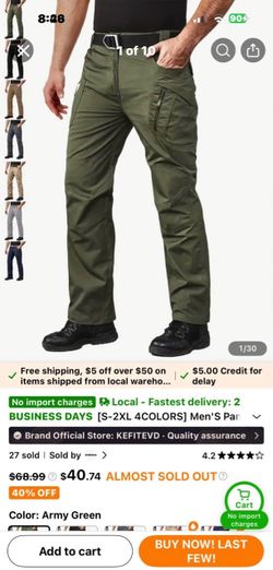 Men's Tactical Cargo Pants with Multiple Pockets - Water-Resistant Polyester, Adjustable Waist Strap