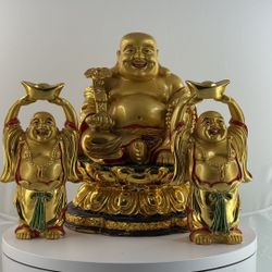 ✨ 3-Piece Gold Laughing Buddha Set – Good Luck & Prosperity ✨