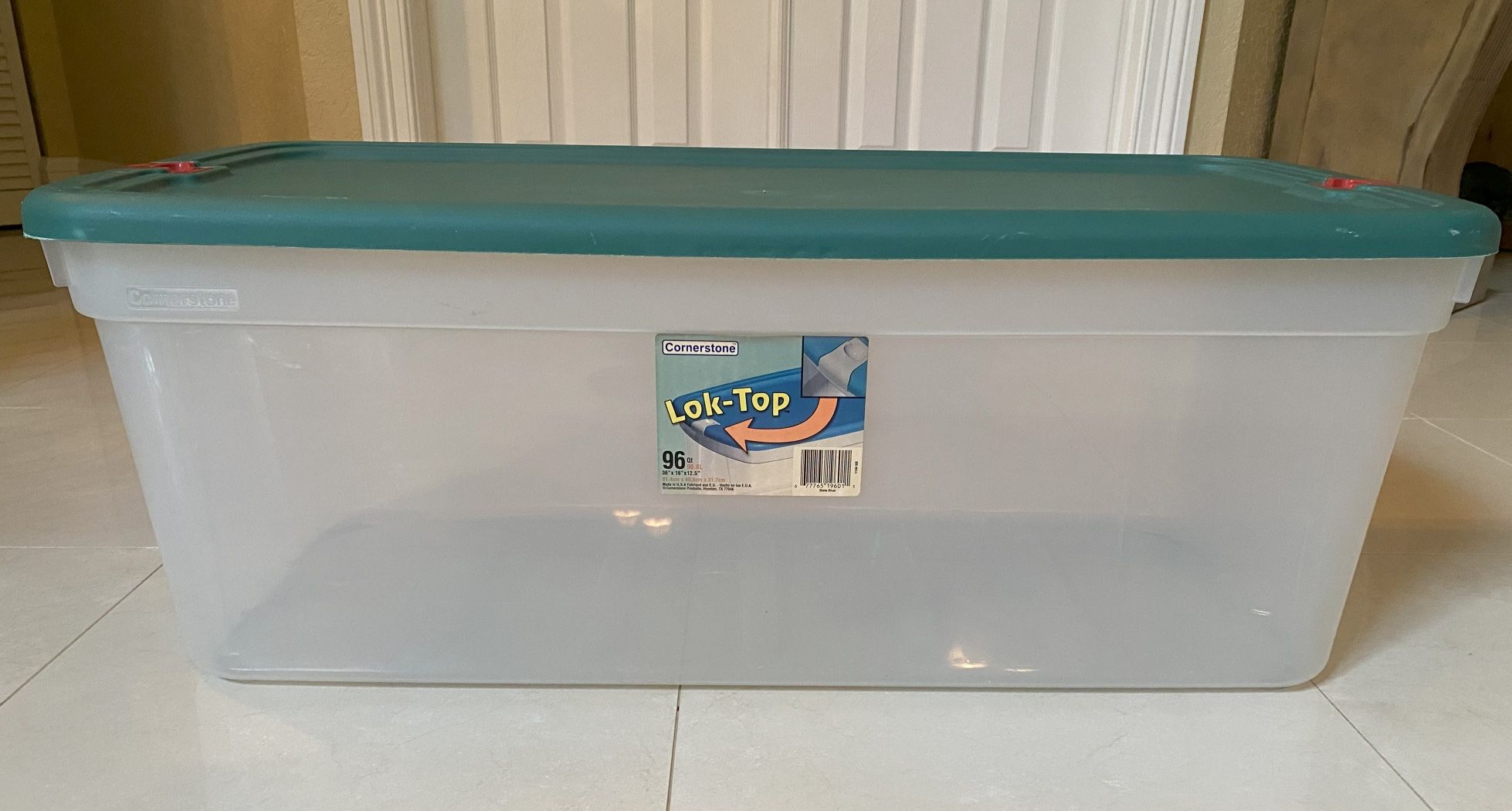 STORAGE TOTE BIN – CORNERSTONE LOCK-TOP LARGE LONG 96 QT. CLEAR BIN WITH GREEN LID TOP STORAGE TOTE BIN
