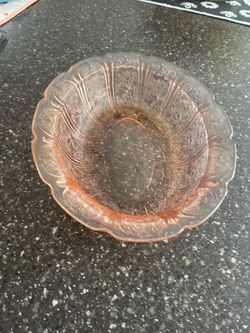 Vintage Pink Depression Glass. Oval with floral and ribbed pattern.
