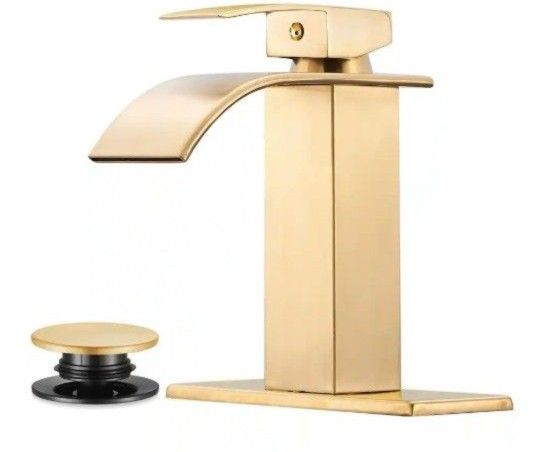 Luxury Sturdy Waterfall Single Handle Bathroom Faucet With Deckplate and Pop-Up Drain in Brushed Gold