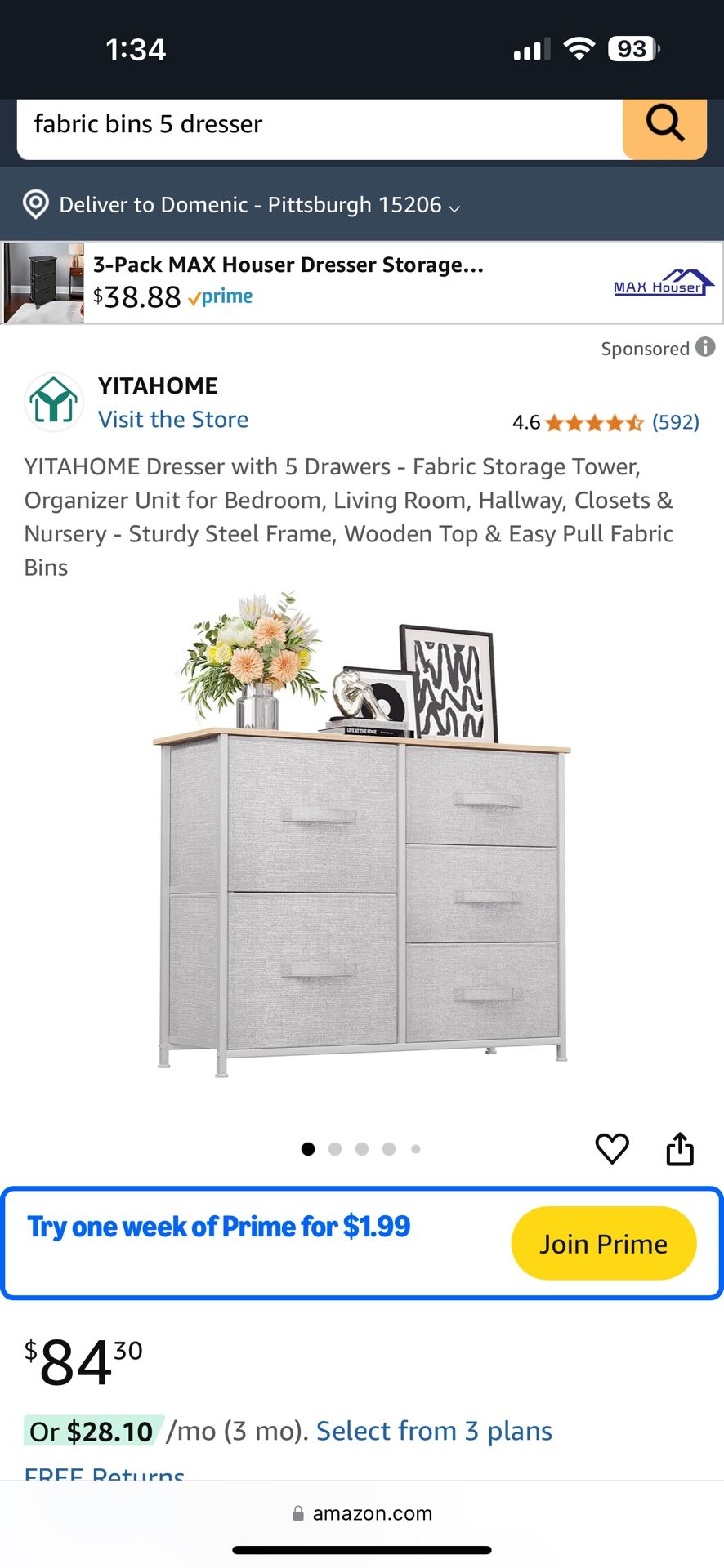 Dresser with 5 Drawers - Fabric Storage Drawers