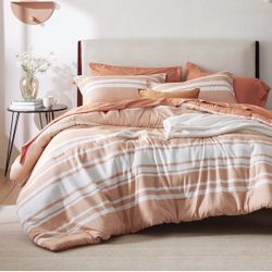 Bed in a Bag California King Size 7 Pieces, Burnt Orange White Striped Bedding Comforter Sets All Season Bed Set, 2 Pillow Shams, Flat Sheet, Fitted S