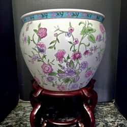 Mid 20th Century Asian Ceramic Fish Bowl Planter Rosewood Stand 11"×12.5"×10"