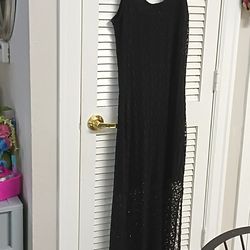 2 black sleeveless dresses one maxi dress length to floor with lace overlay and mini underskirt illusion and mini to knees black Carlisle size approx 