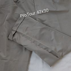 Mens Protour Beige Dress Golf Pants 42x30, Stretch Waist, 4 Pockets, Pleated Front and Cuffs For Style. 100% Polyester. Four Way Stretch, Active Waist