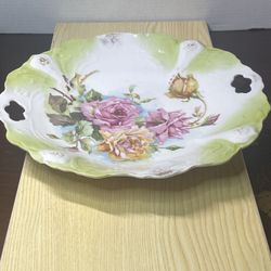 Vintage P&S Germany Porcelain Dish With Cut Out Handles And Floral Design