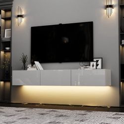 Floating TV Stand with LED for 60 65 70in TV, Glossy Wall Mounted