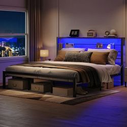 M211-Bestier King Size Bed Frame with 49.2" High LED Storage Headboard Shelf, Metal Platform Bed, Black