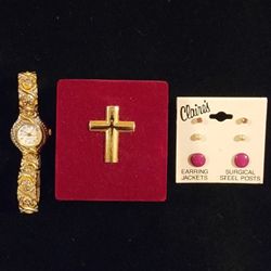 Womens Watch/24 Kt Necklace & Earrings Set/New