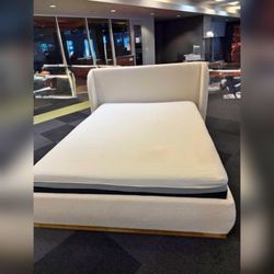 White boucle fabric platform Queen bed frame