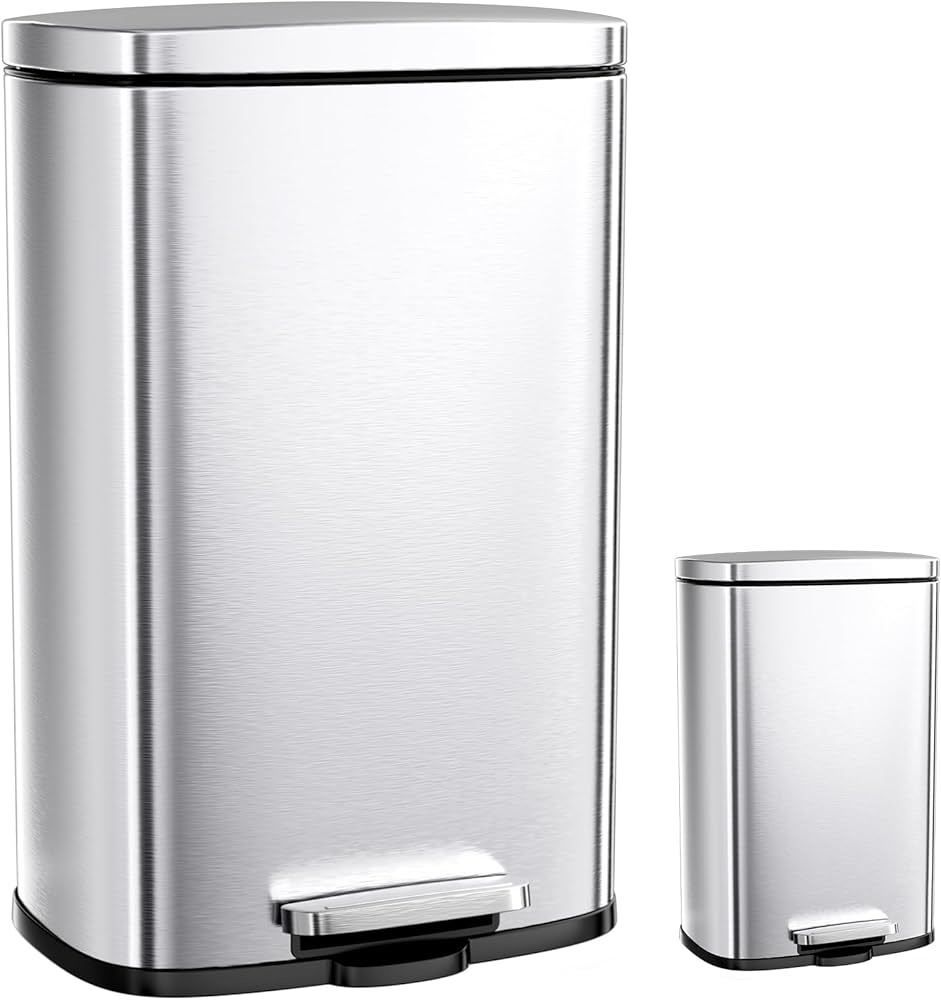 13.2+1.3 Gallon Step Trash Can, Stainless Steel Garbage Bin, Soft-Close Rubbish Bin with Removable Plastic Inner Bucket, Fingerprint-Proof, Lid Dustbi