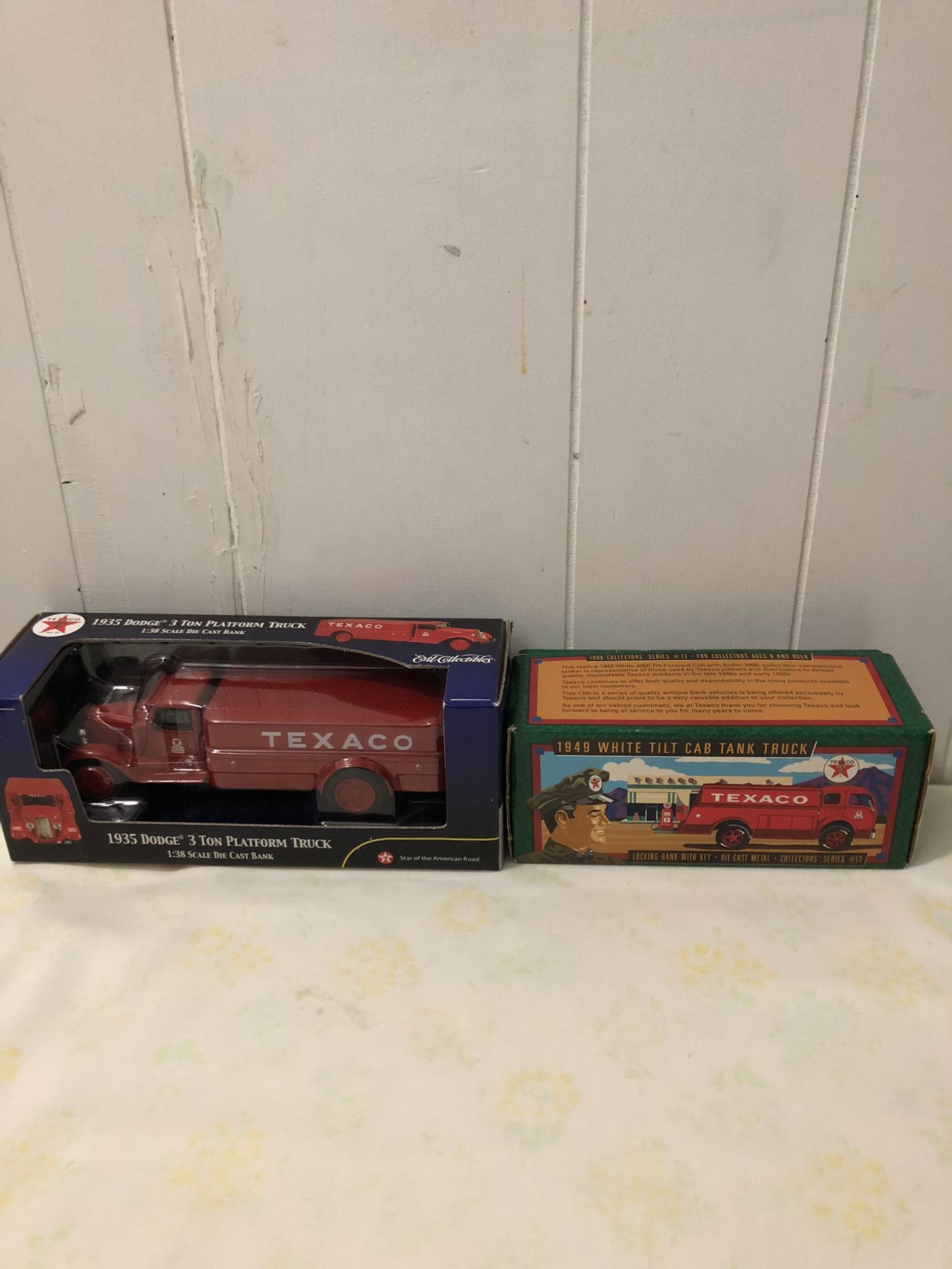 Texaco 1935 Platform Truck 1:38 Scale Die Cast Bank,1949 White Tilt Cab Tank Truck Die Cast Bank $20 Each