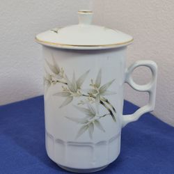 Tatung Taiwan Tall Tea Mug with Lid Bamboo Gold Trim 14 oz