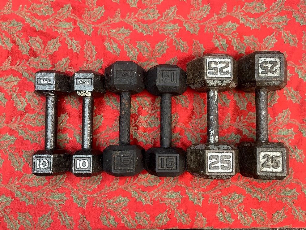 PAIRS OF STEEL HEX DUMBBELLS  ( 10s  15s  25s )