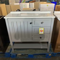 36 Inch Wood Gray Vanity With Cultured Marble Top *NEW* 