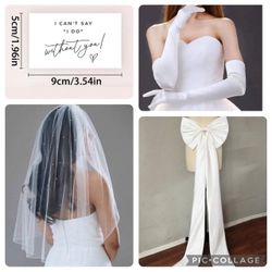 New Wedding pearl veil /dress bow / white gloves / 10pcs of cant say I do stickers