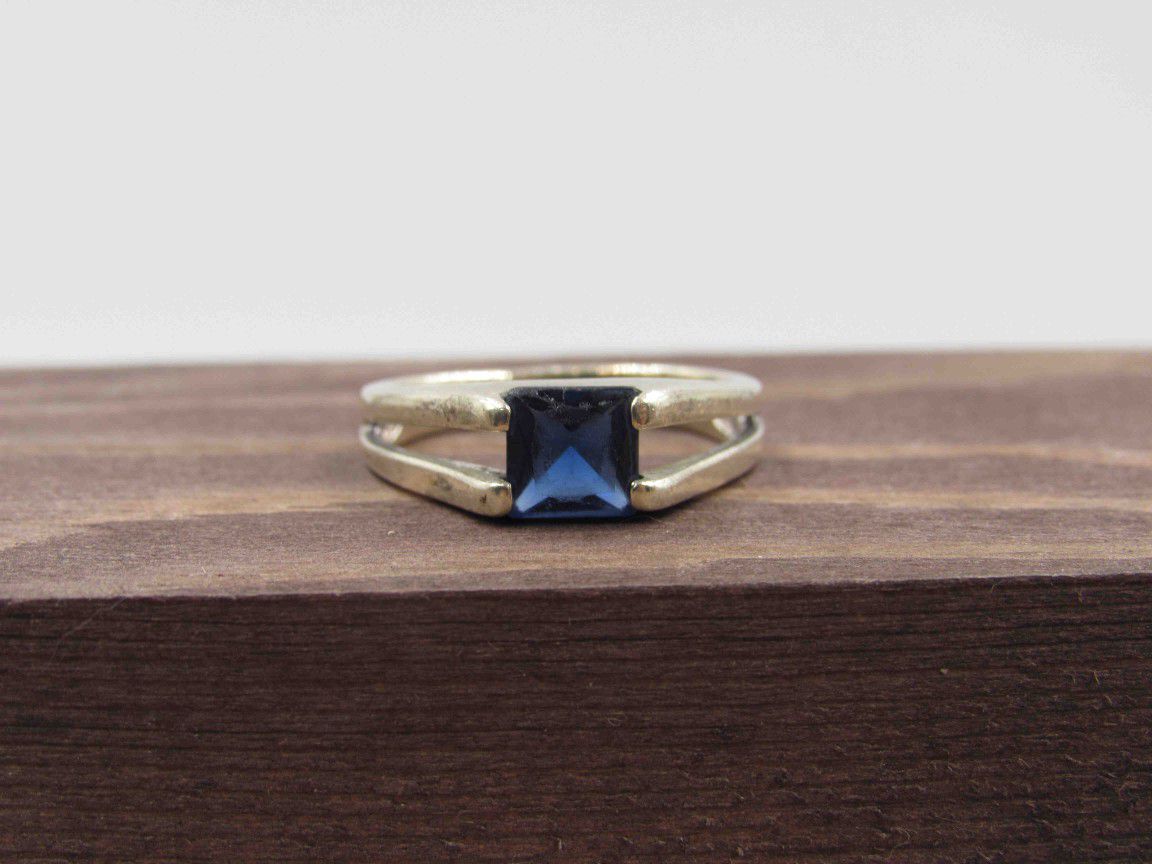 Size 6.5 Sterling Silver Rustic Blue Glass Band Ring Vintage Statement Engagement Wedding Promise Anniversary Bridal Cocktail Friendship