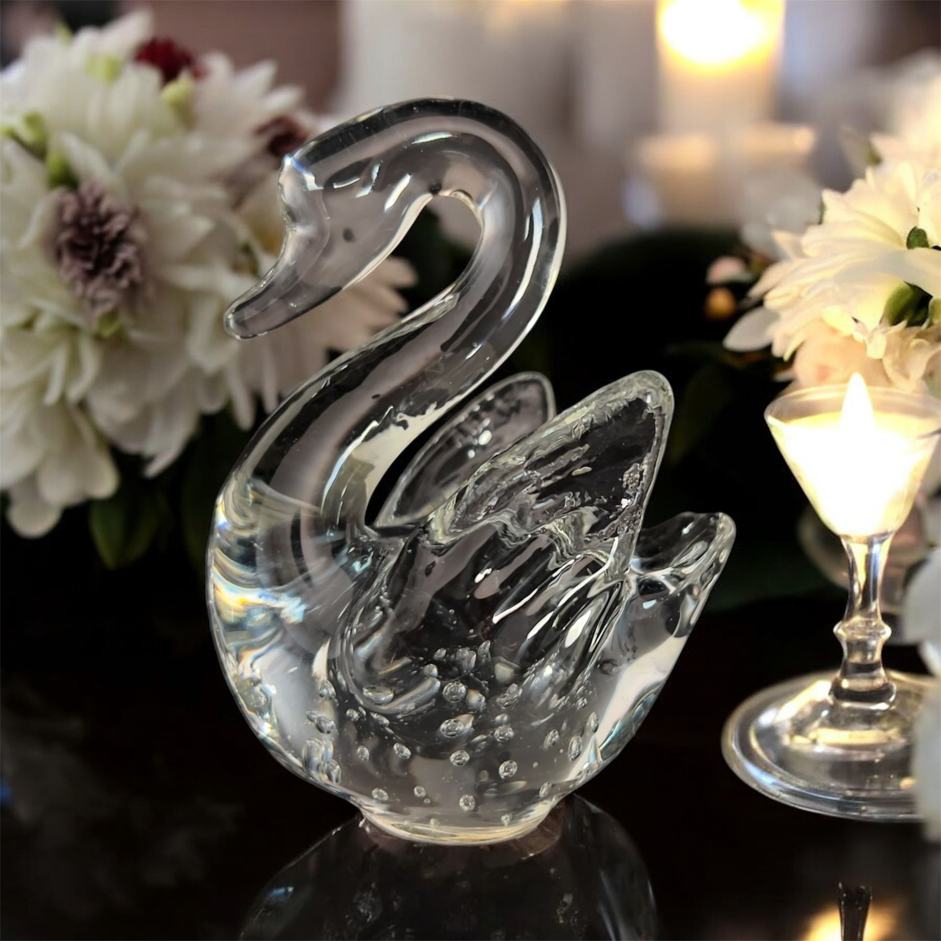 Hand Blown Art Glass Swan Clear Crystal Controlled Bubble