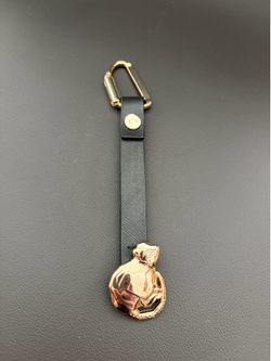Black Armani Exchange Leather Strap Keychain with Gold Monkey Medallion