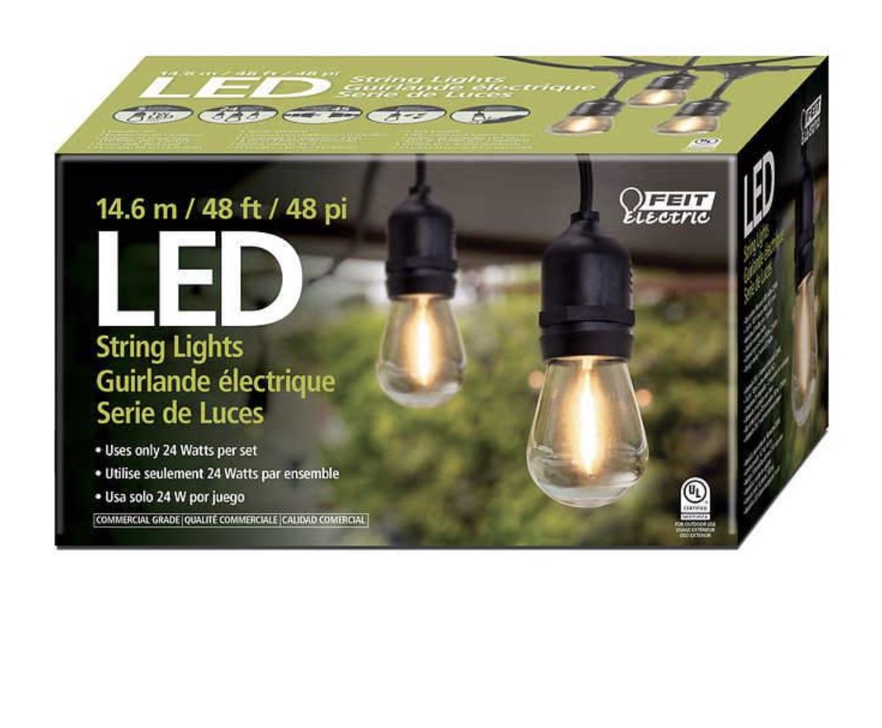 Feit Outdoor Weatherproof String Light Set 48' 24 Light Sockets with 26 LED Bulbs