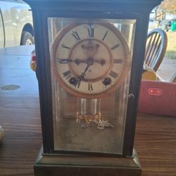Antique  Ansonia Victorian Brass And Glass Open Encaoement Crystal Regulater Clock near Mint Condition 