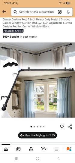 Corner Curtain Rod, 1 Inch Heavy Duty Metal L Shaped Corner window Curtain Rod, 32-136” Adjustable Curved Curtain Rod for Corner Window Black