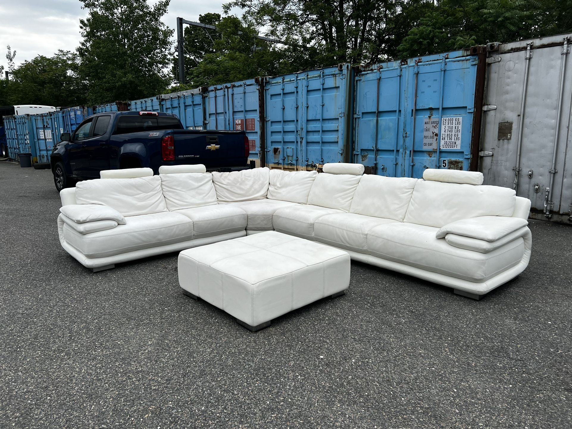 Mid Century Modern White Italian Leather Sectional & Ottoman DELIVERY AVAILABLE