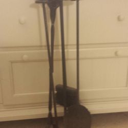 Antique black iron fireplace tools set - broom, grabber, poker & shovel