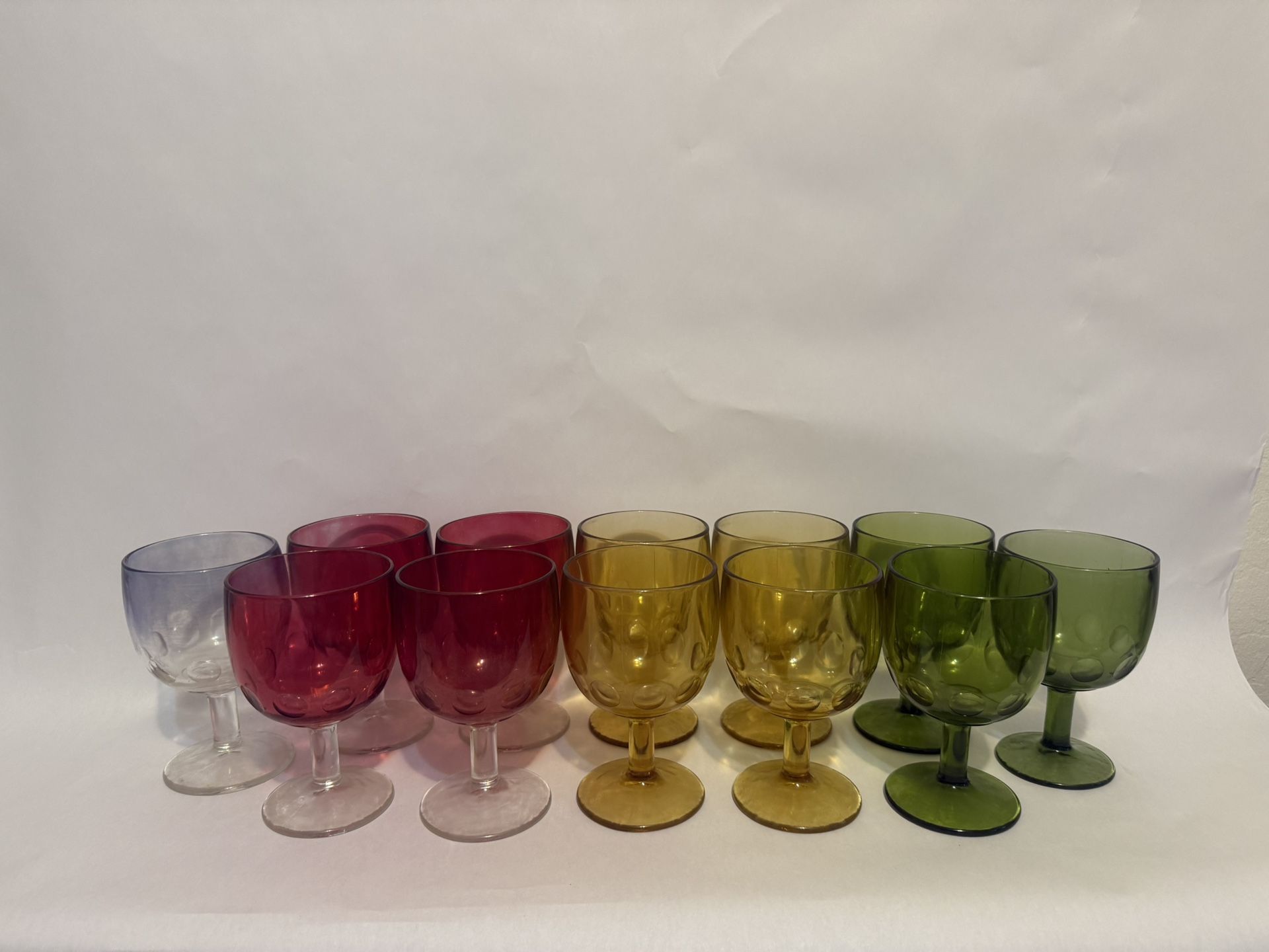 12 Vintage Bartlett Collin’s Red, Yellow, Green And Blue Thumbprint Schooners