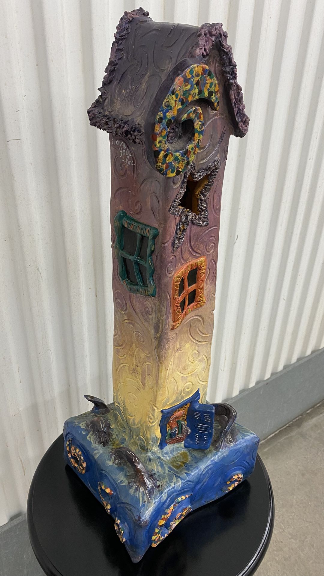 Vintage 1980’s hand-painted whimsical clay pottery fairy house sculpture