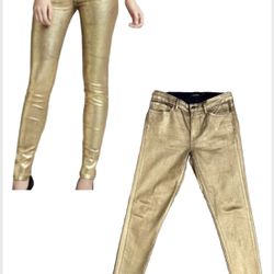 Lauren Ralph Lauren Metallic Gold Jeans Sz 10 Women’s Skinny Gold Button & Logo