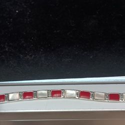 Sterling Bracelet With Red Stones And Mother Of Pearl