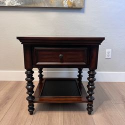26” Tall Two Tier Solid Wood Grain End Table w/ Dovetail Drawer & Cane Shelf