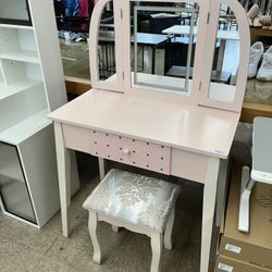 Vanity Makeup Table Set with Stool Detachable Mirror 3 Colors Foldable Mirrors - Pink