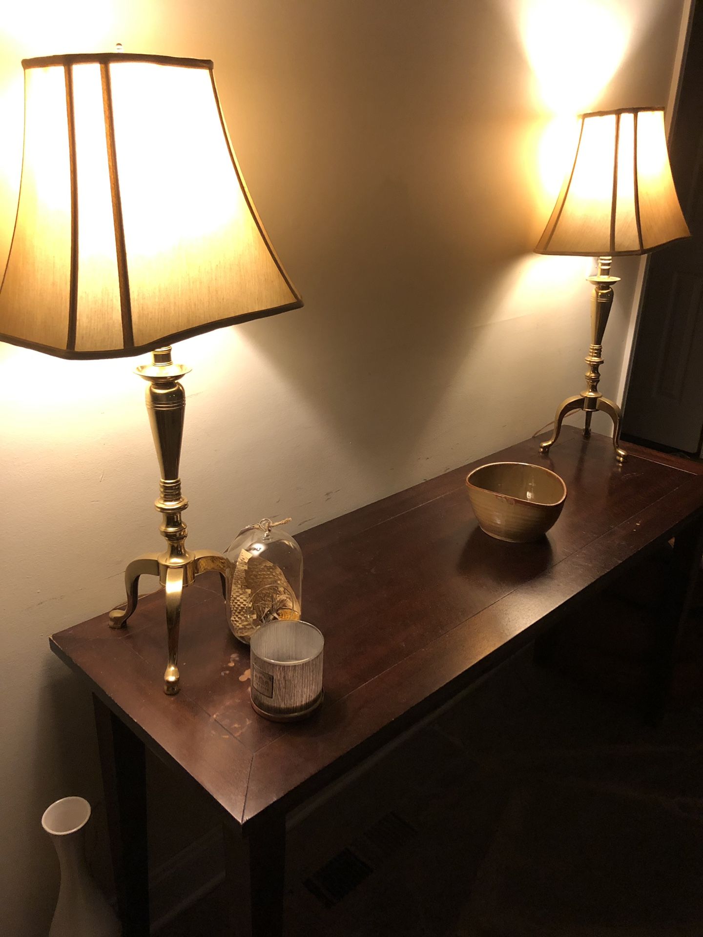 Set of two brass lamps with shades