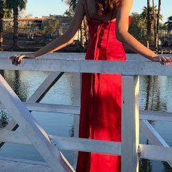 red corset prom dress with slit.