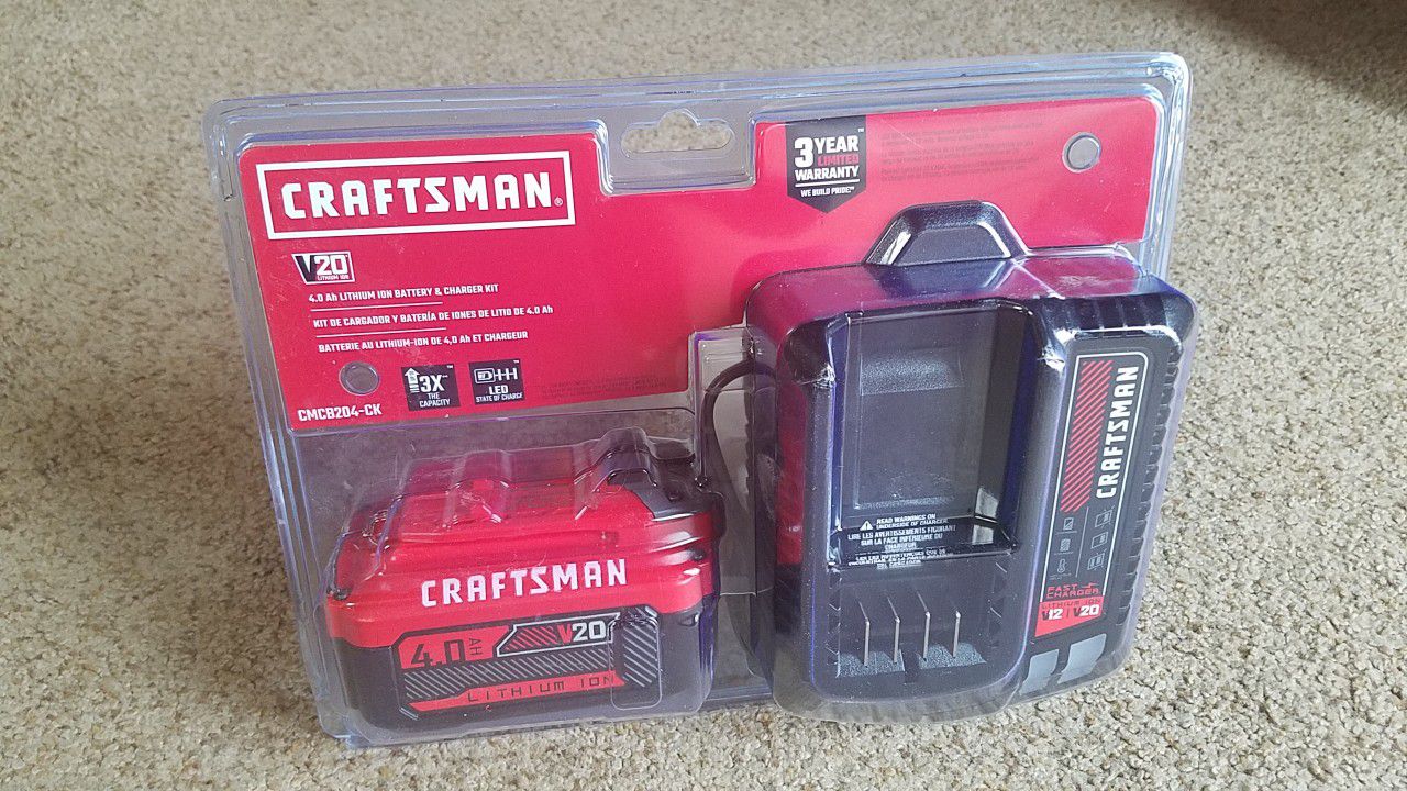 New Unopened Craftsman V20 4.0AH 20Volt Lithium-Ion Battery And Fast Charger