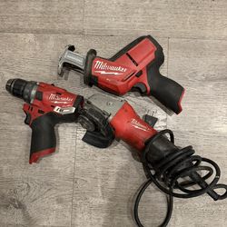 Milwaukee 12v Fuel Drill,hacksaw And Plug In Grinder