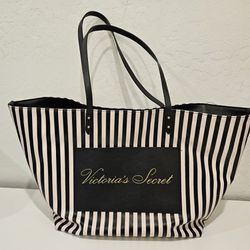 Victoria's Secret Black and White Striped Signature Weekender Tote Bag