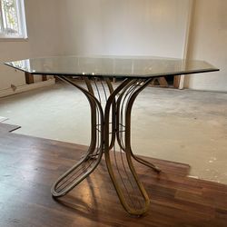 Vintage Mid Century Glass & Brass Dining Table, Italian Hollywood Regency, Octagonal Shape