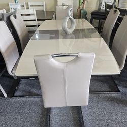 Brand New Gray Glass Dining Table With Butterfly Leaf (72"×42"×30"H) + 6 Chairs